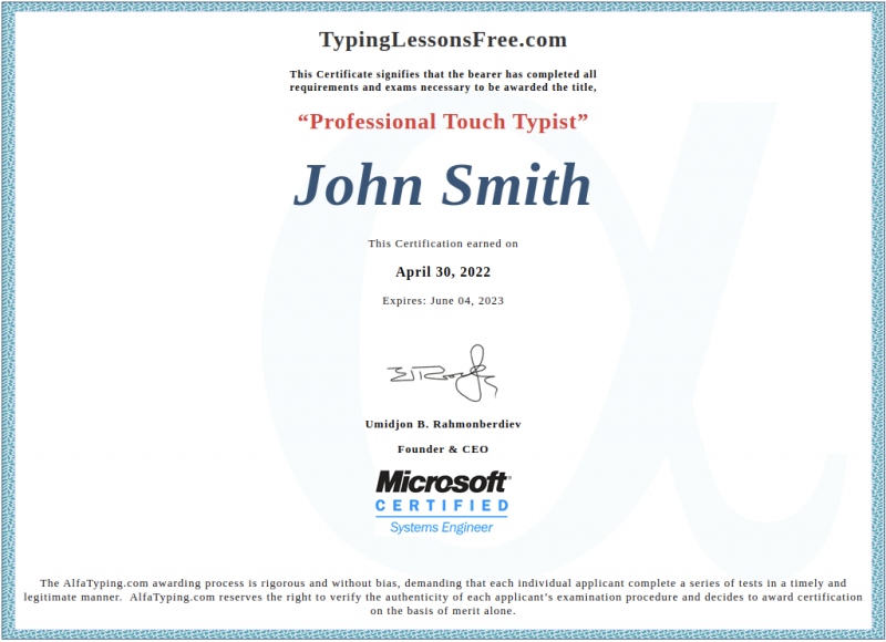 Sample typing certificate