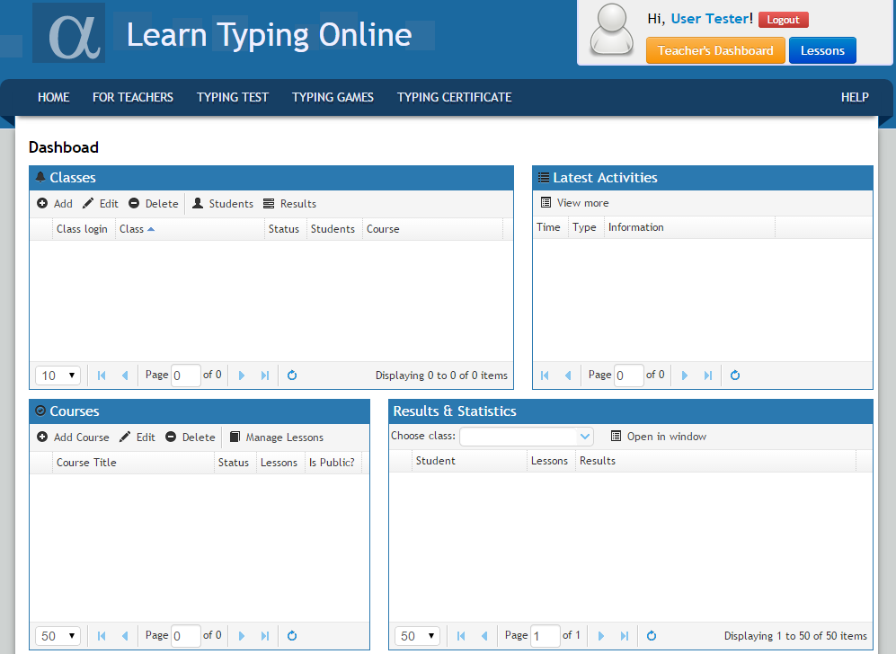 Opening typing teacher's dashboard