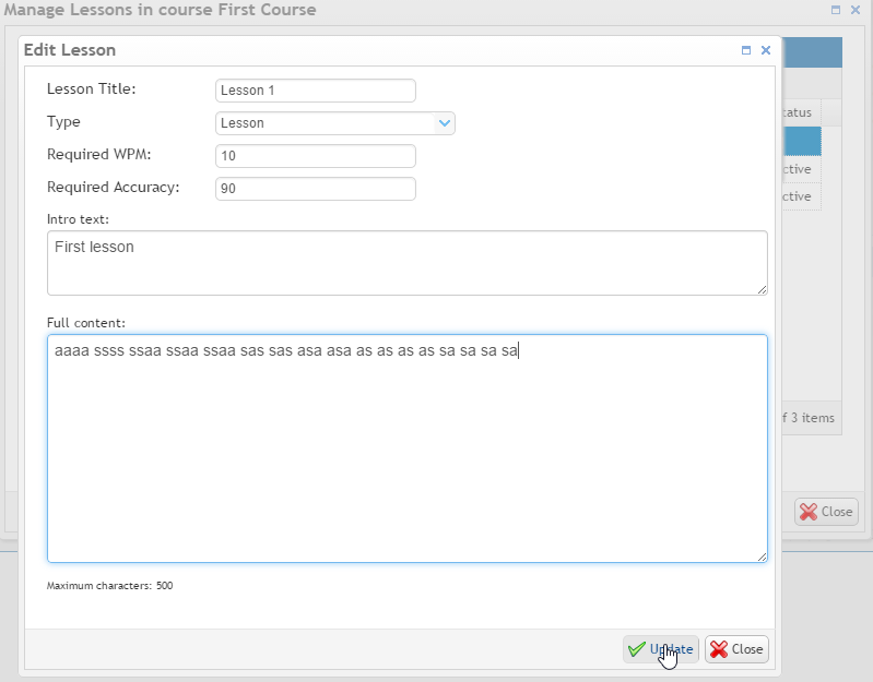 Teacher's typing portal: editing typing lesson text